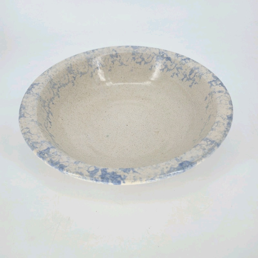 Vintage RRP Co Roseville Ohio Blue Spongeware Stoneware Mixing Bowl USA Farm 11'